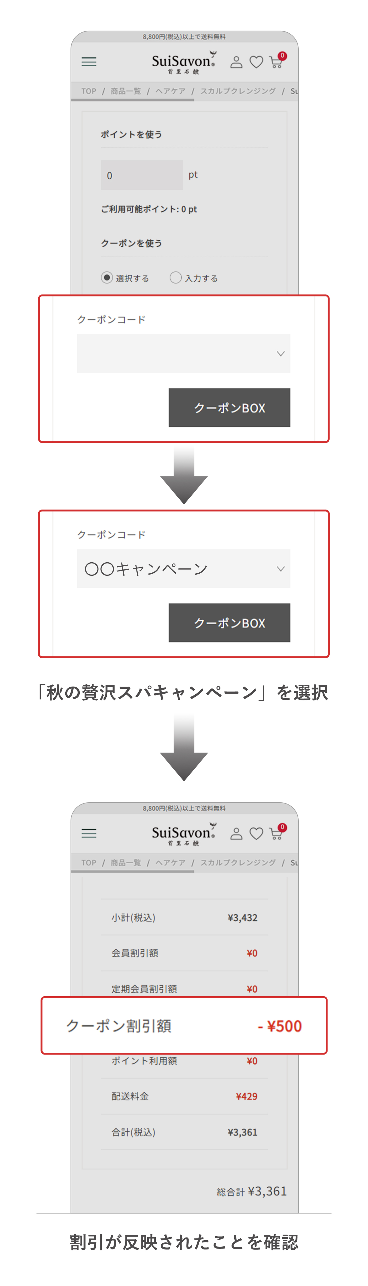STEP2 クーポン選択と割引反映画面